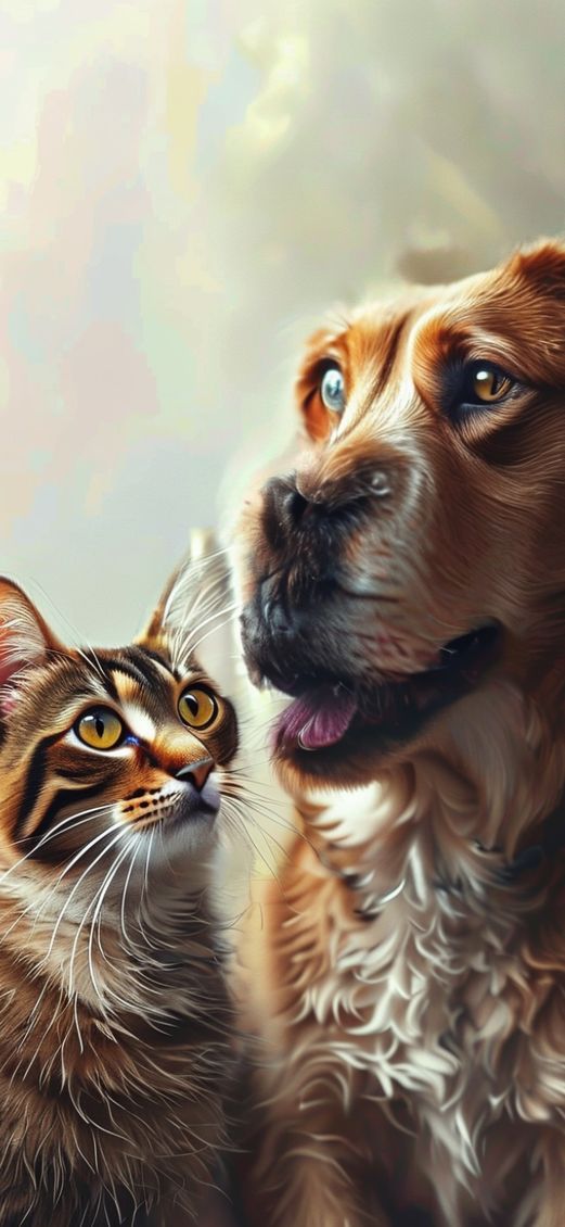 Cat And Dog Looking Cute Photorealistic Wallpaper