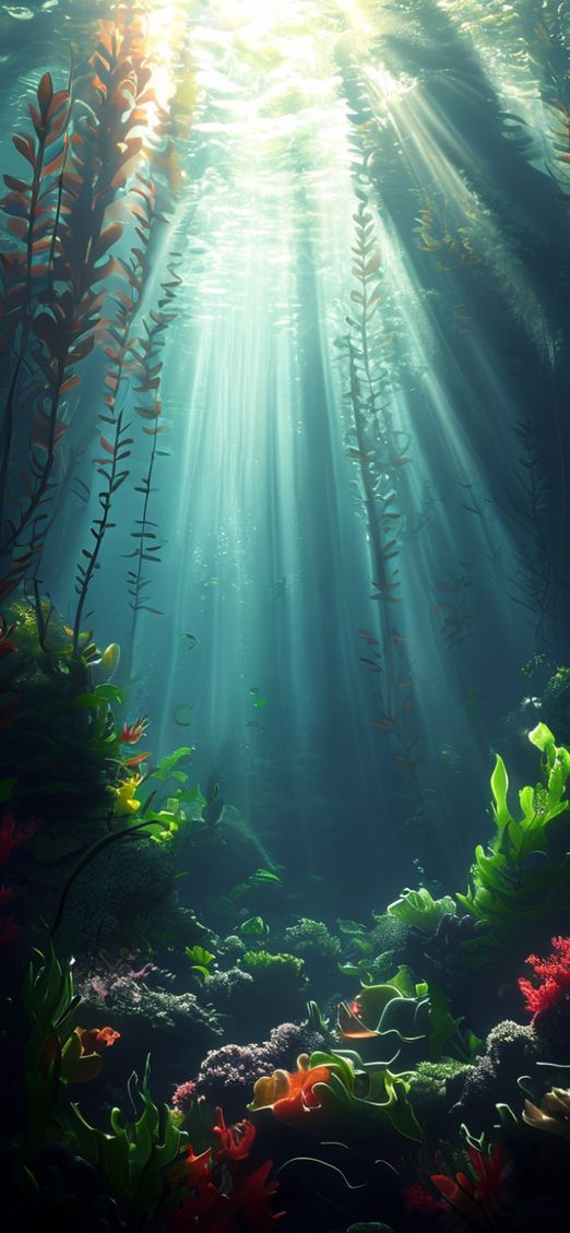 Underwater Kelp Forest Sun Rays Photorealistic Wallpaper