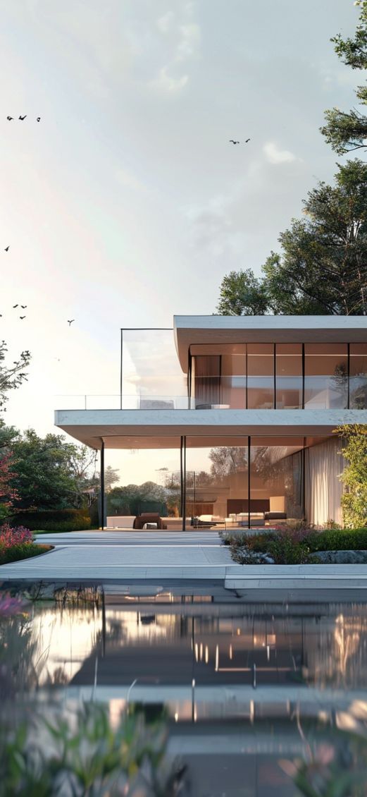 Modern Minimalist House Glass Walls Photorealistic Wallpaper