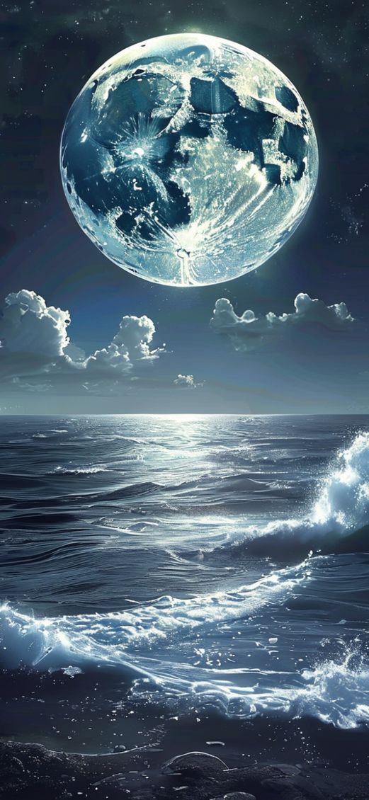 Giant Moon Touching Ocean Surface Digital art Wallpaper
