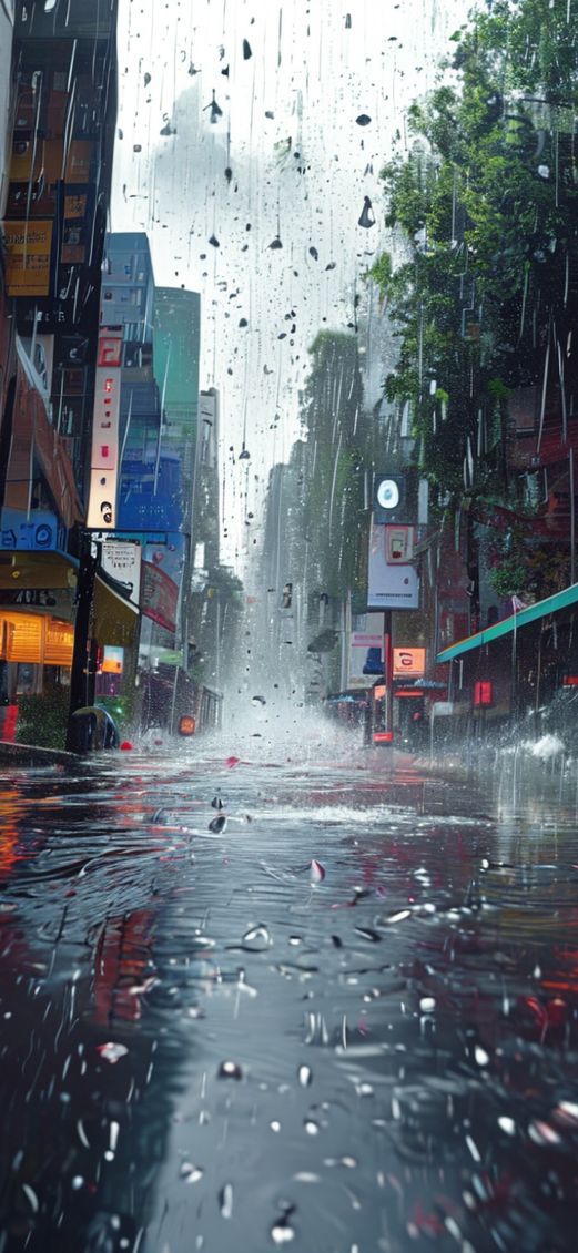 Monsoon Rain Heavy Downpour Street Photorealistic Wallpaper