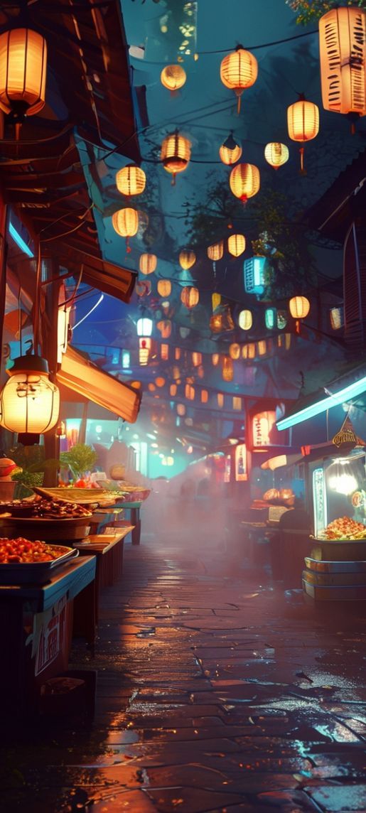 Night Market Street Food Stalls Photorealistic Wallpaper