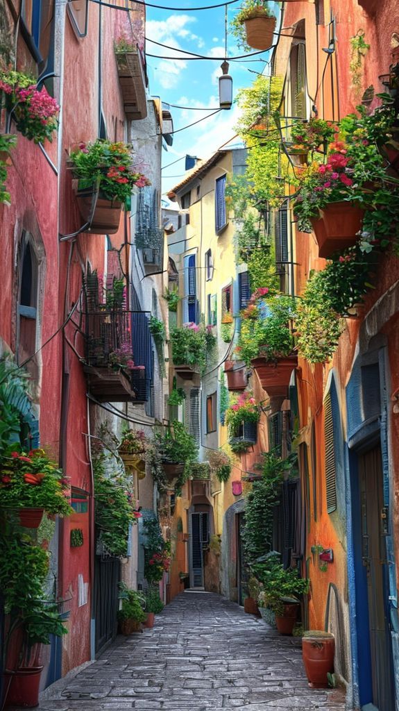 Narrow Italian Alley Colorful Buildings Photorealistic Wallpaper