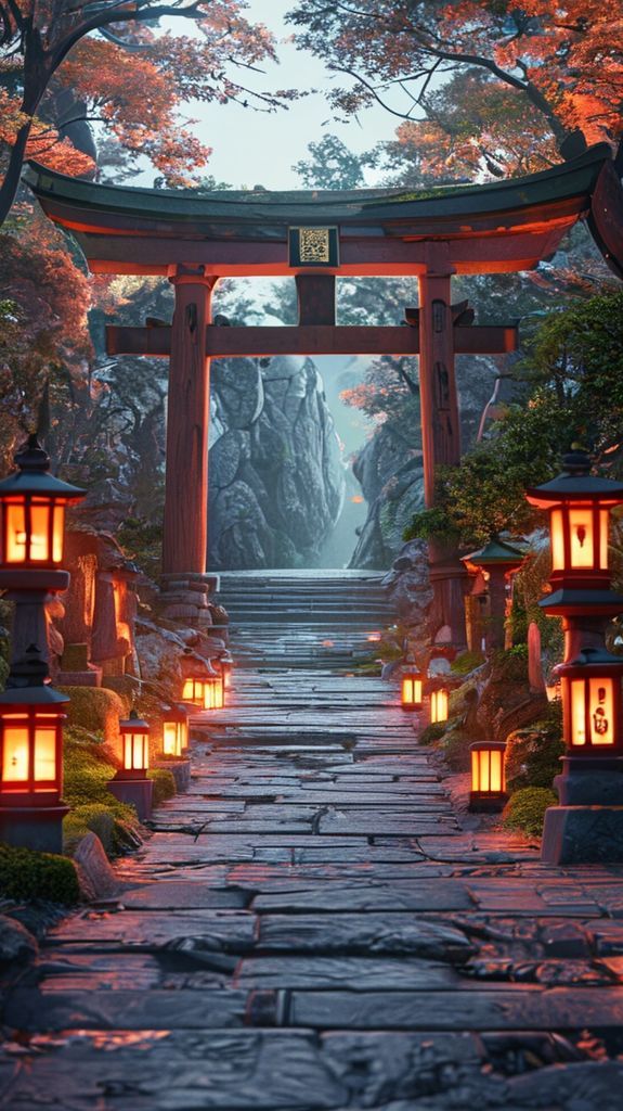 Japanese Temple Gate Torii Path Photorealistic Wallpaper