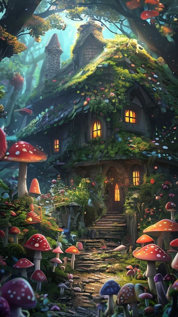 Witch Cottage In Forest Mushrooms Anime Wallpaper