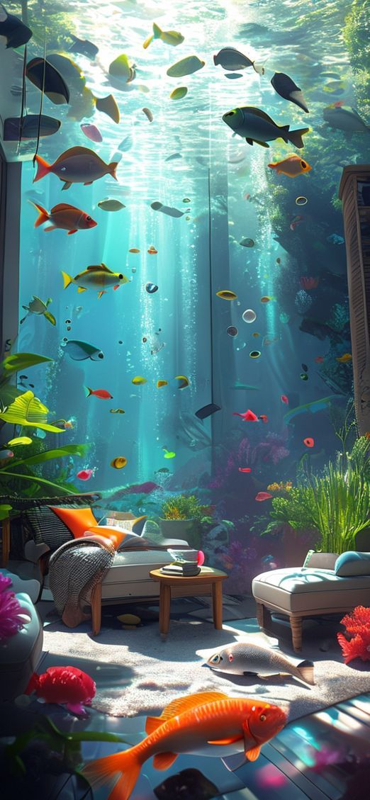 Room Underwater Furniture Floating Fish Digital art Wallpaper