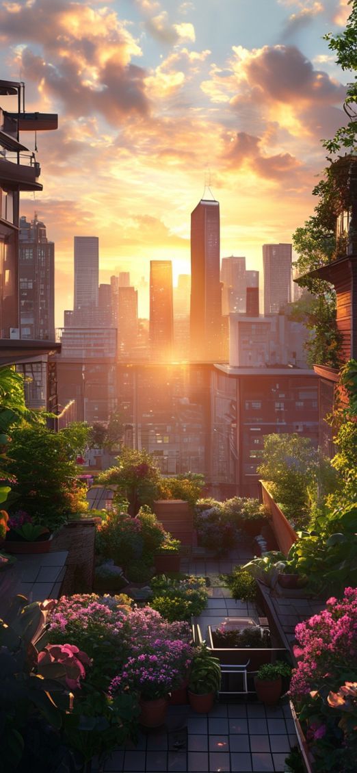 Rooftop Garden Oasis Above City Photorealistic Wallpaper