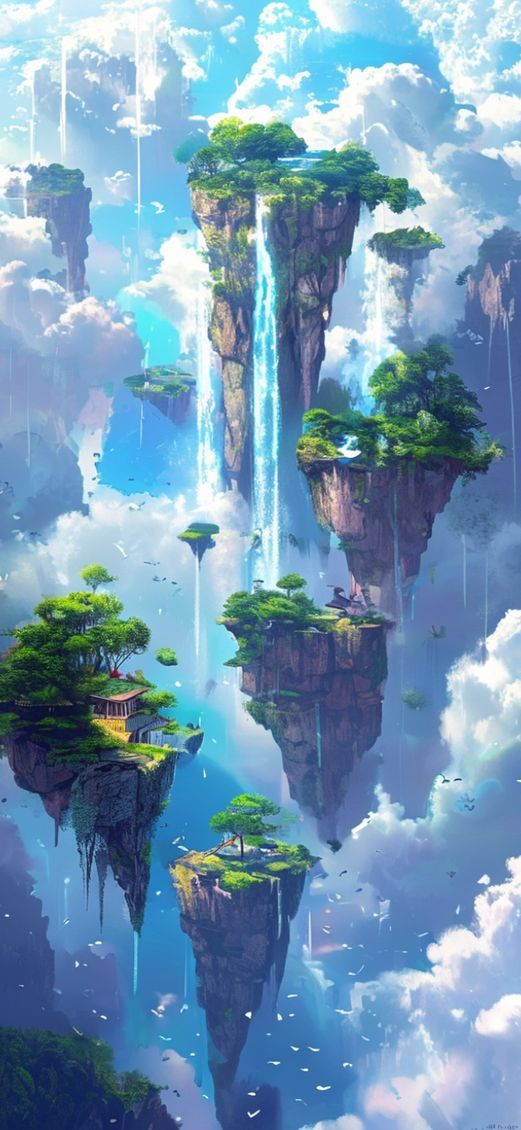 Floating Islands Waterfalls Flowing Into Digital art Wallpaper