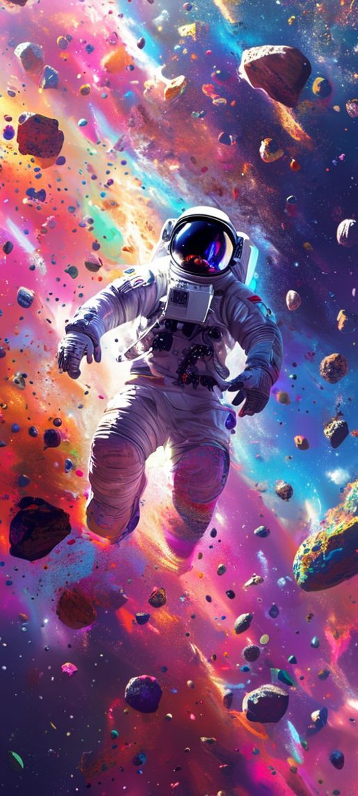 Astronaut Floating Through Colorful Asteroid Digital art Wallpaper
