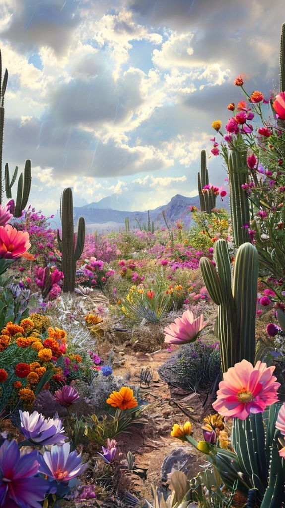 Blooming Desert After Rain Wildflowers Photorealistic Wallpaper