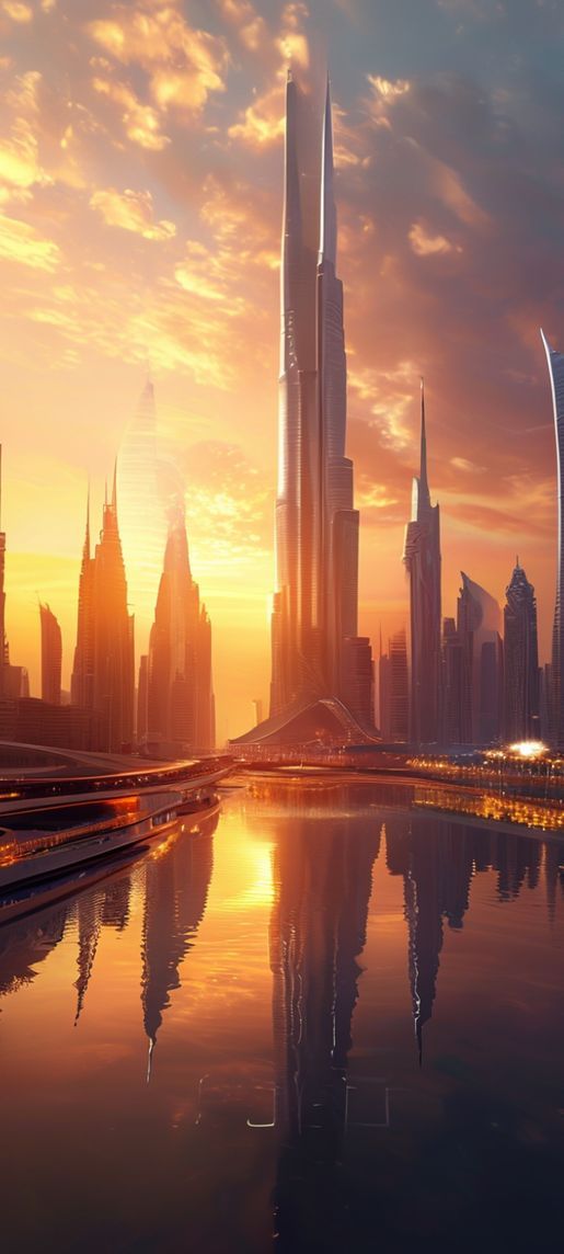 Dubai Skyline Futuristic Towers Sunset Photorealistic Wallpaper