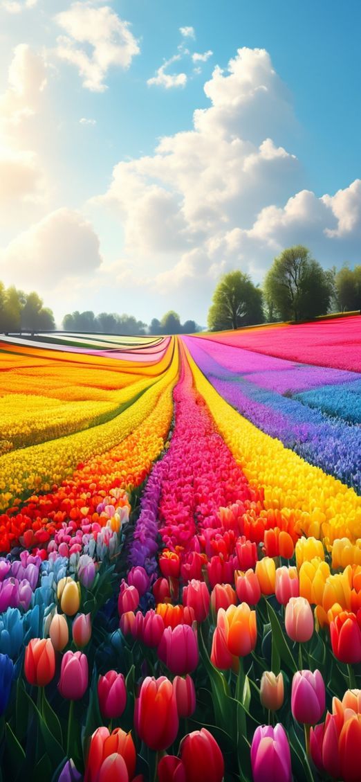 Tulip Field Rows Of Colors Photorealistic Wallpaper