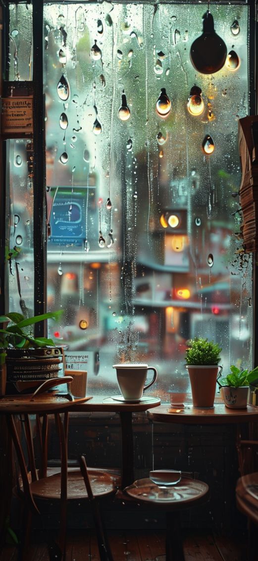 Coffee Shop Window Rain Outside Aesthetic Wallpaper