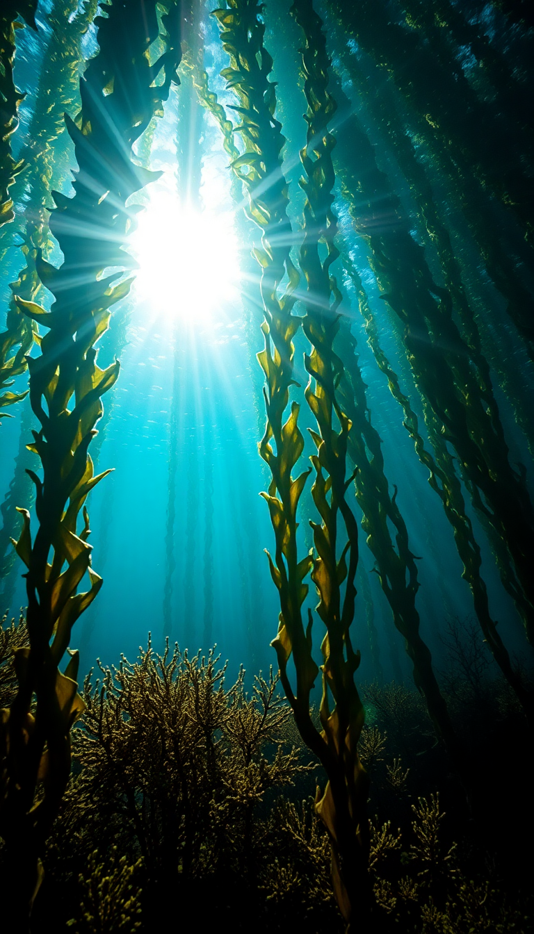 Underwater Kelp Forest Sun Rays Photorealistic Wallpaper