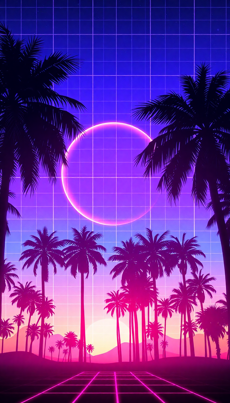 80s Synthwave Grid Sunset Palm Digital art Wallpaper