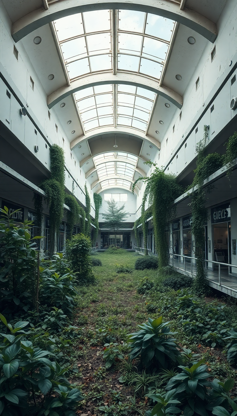 Abandoned Shopping Mall Nature Reclaiming Photorealistic Wallpaper