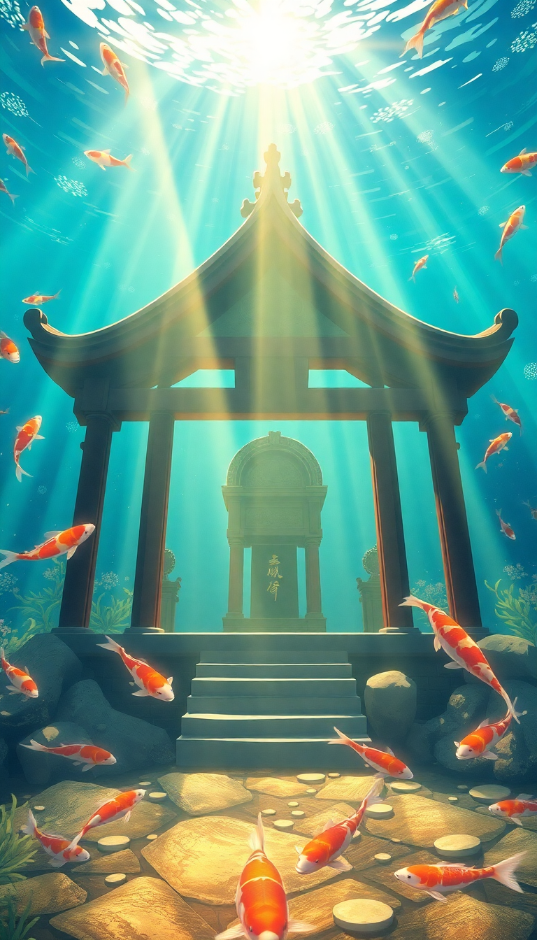 Underwater Shrine Koi Fish Swimming Anime Wallpaper