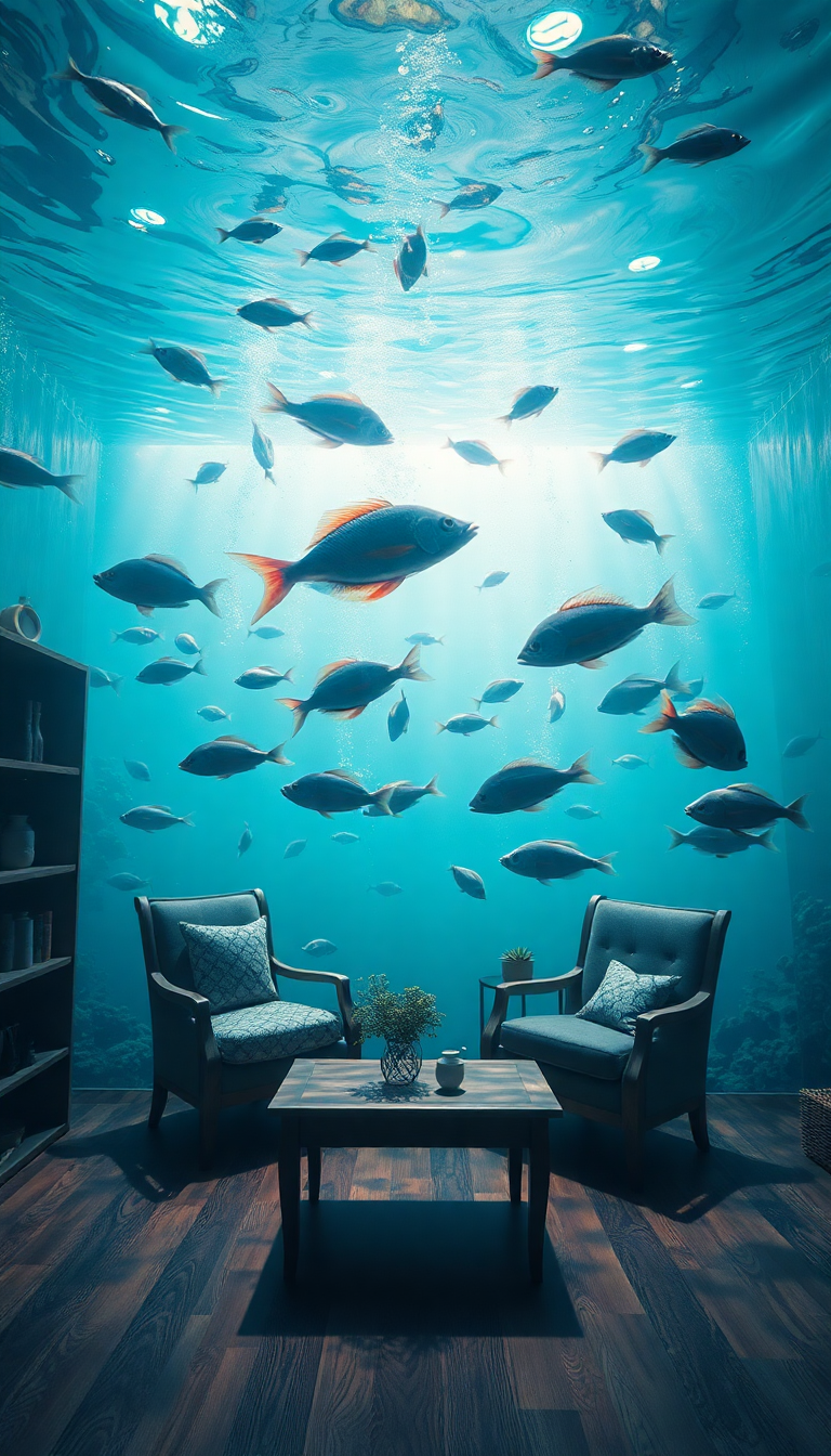 Room Underwater Furniture Floating Fish Digital art Wallpaper
