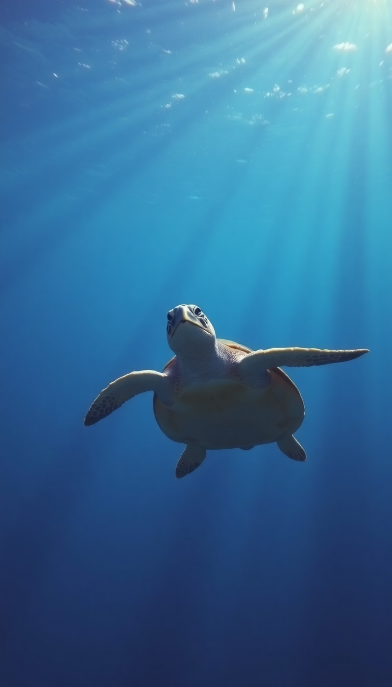 Sea Turtle Swimming Sunbeams Underwater Photorealistic Wallpaper