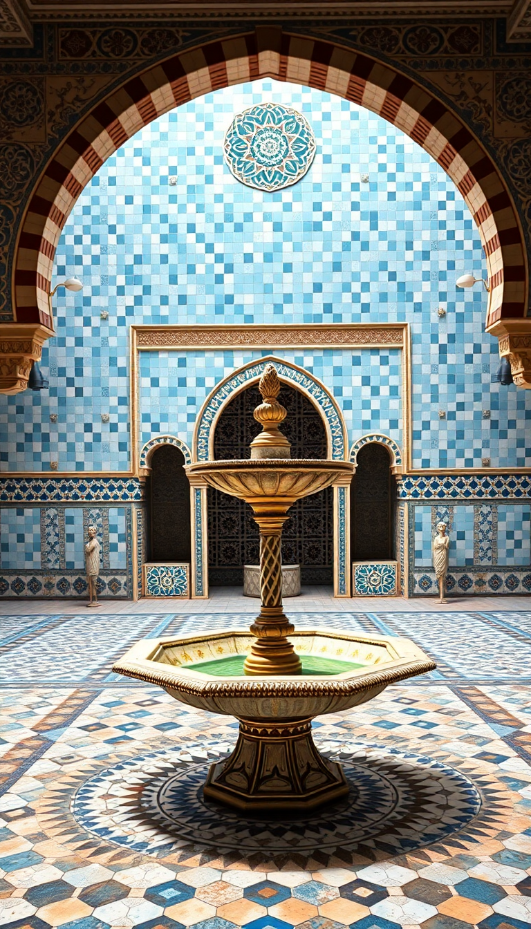 Moroccan Courtyard Tiles Fountain Mosaic Photorealistic Wallpaper