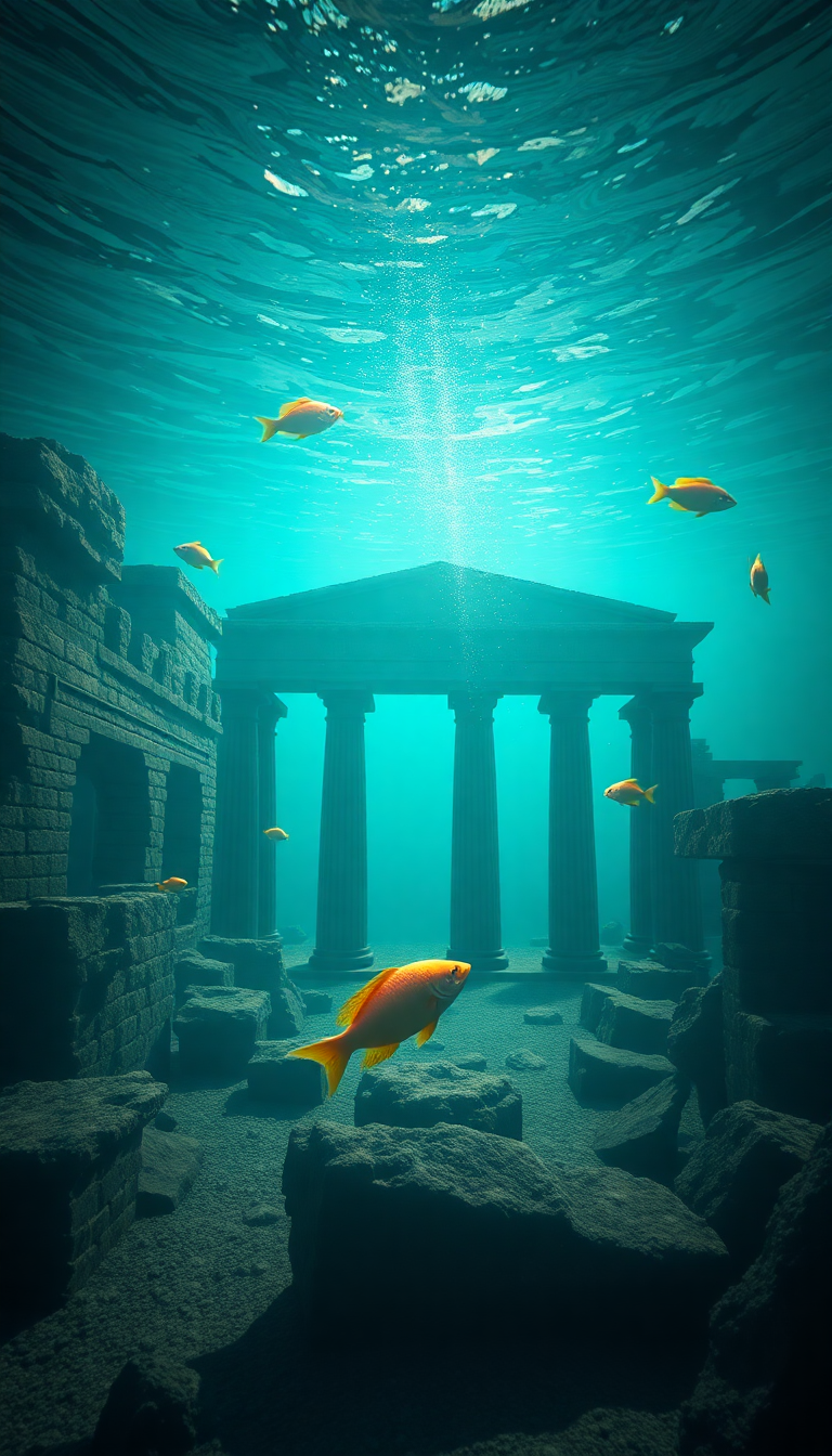 Sunken Ancient Temple Fish Swimming Digital art Wallpaper