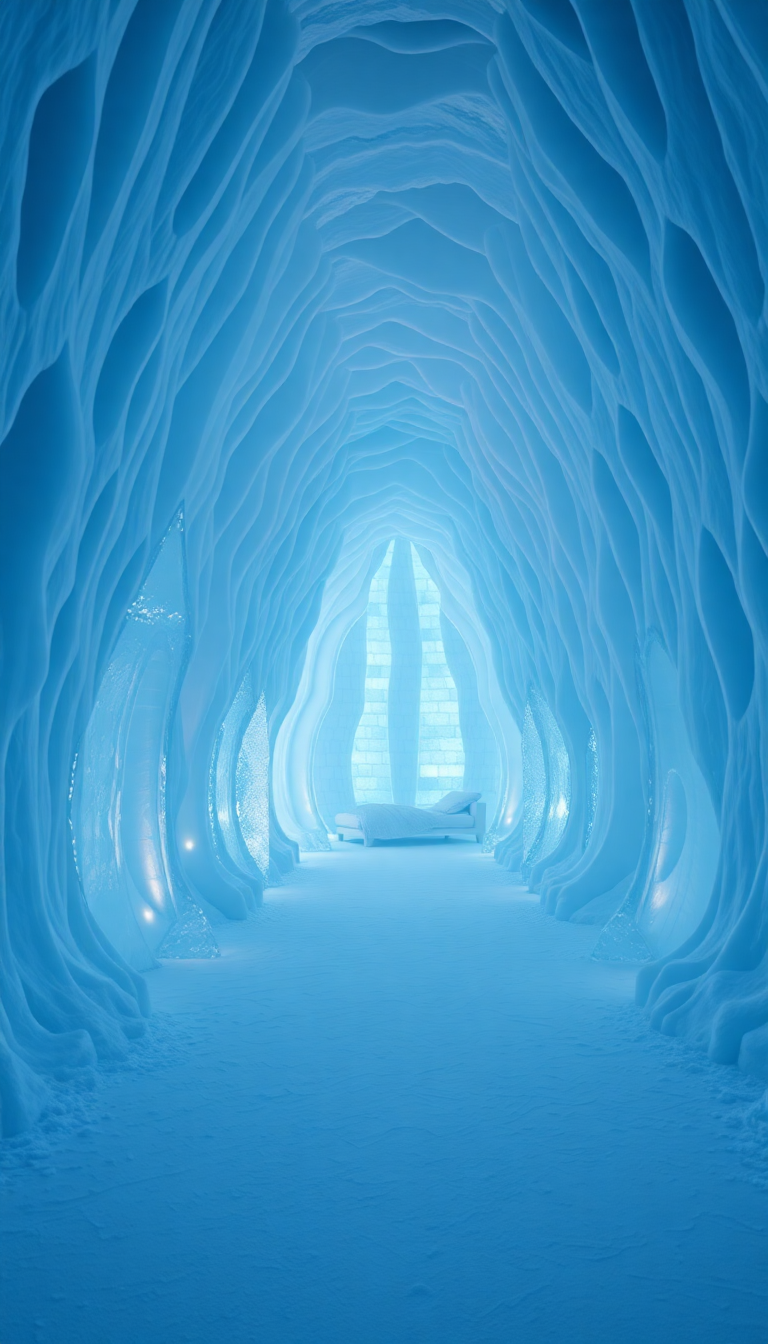 Ice Hotel Interior Frozen Sculptures Photorealistic Wallpaper