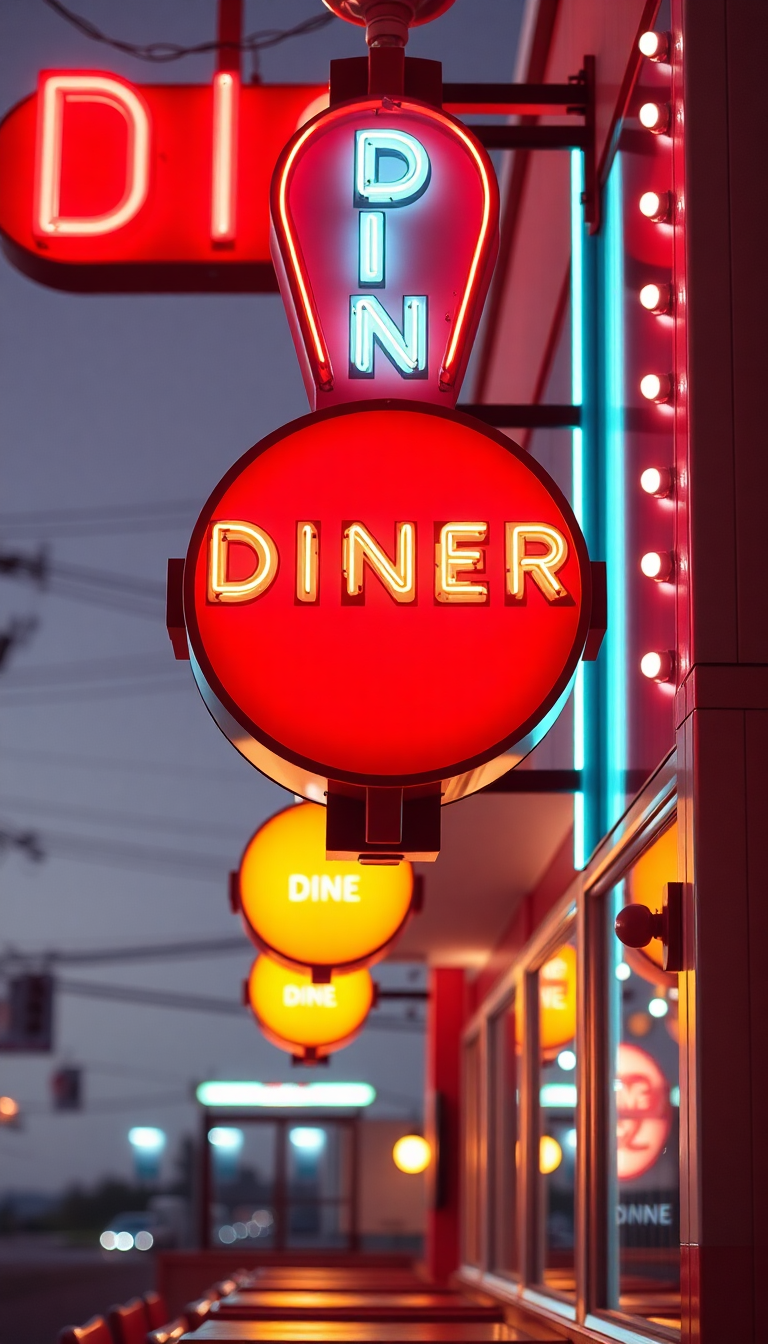 Retro Diner Neon Signs Chrome Photorealistic Wallpaper