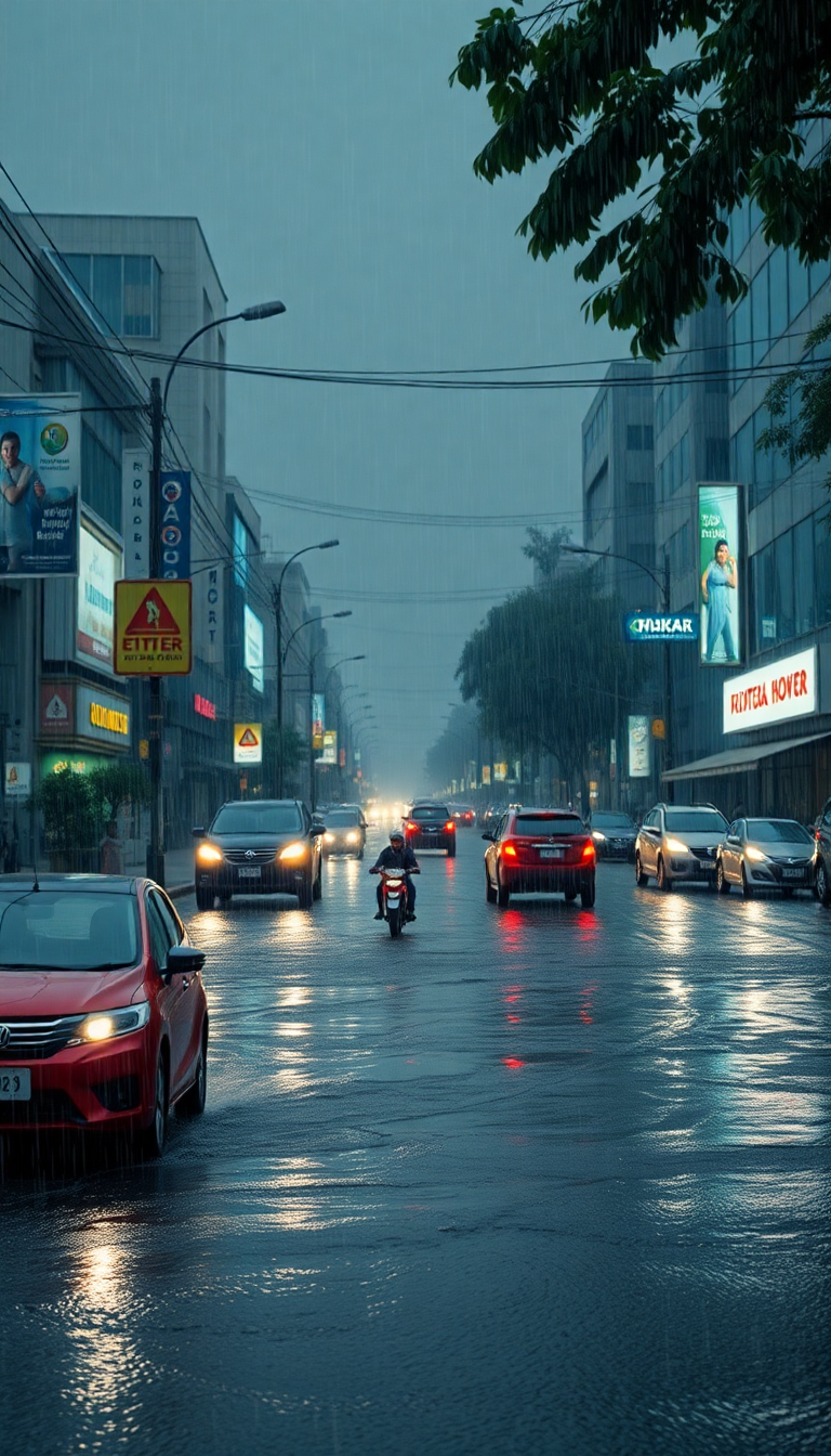 Monsoon Rain Heavy Downpour Street Photorealistic Wallpaper
