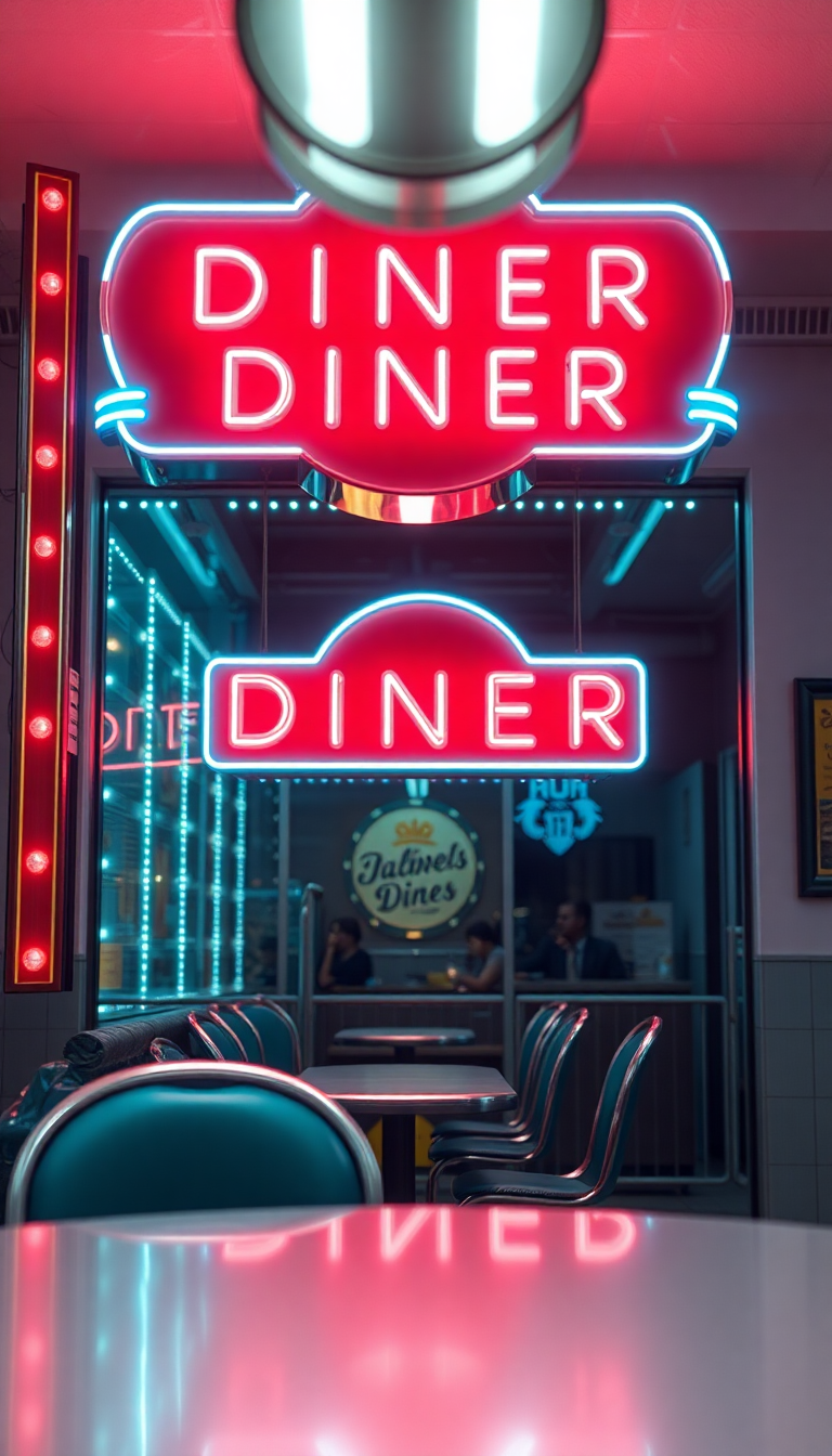 Retro Diner Neon Signs Chrome Photorealistic Wallpaper