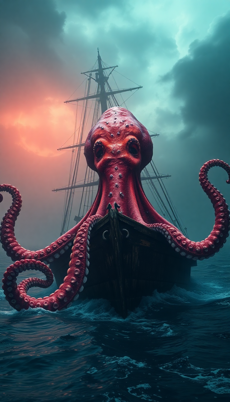 Giant Octopus Shipwreck Deep Ocean Digital art Wallpaper