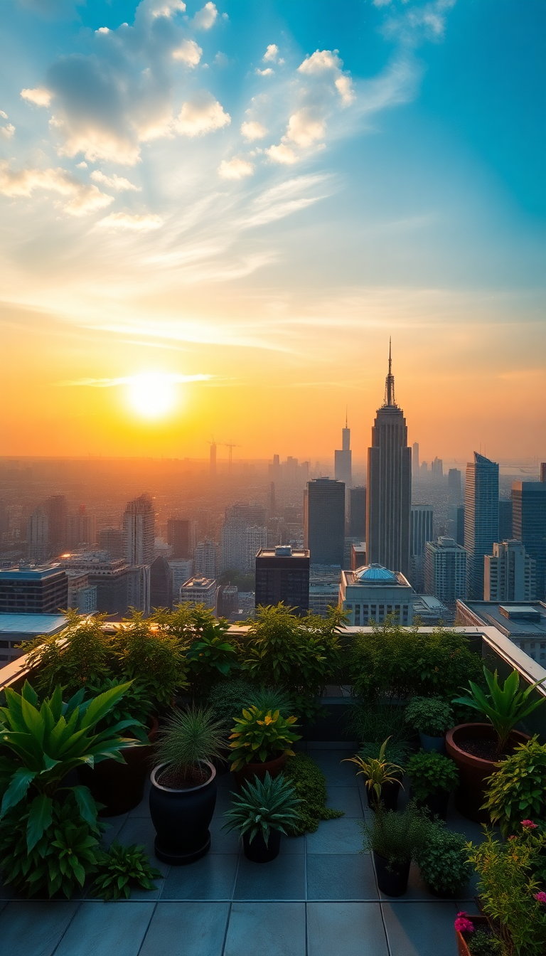 Rooftop Garden Oasis Above City Photorealistic Wallpaper