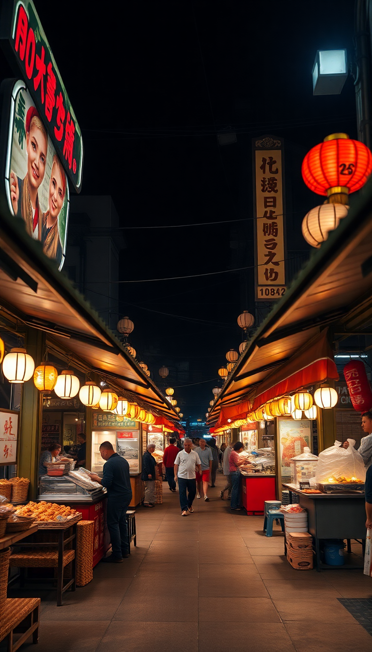 Night Market Street Food Stalls Photorealistic Wallpaper