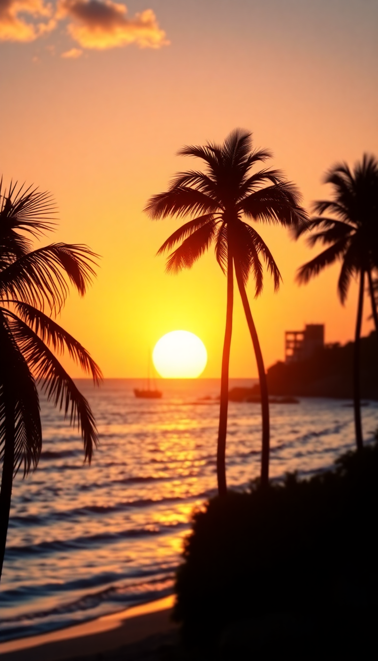 Summer Sunset Beach Silhouette Palm Photorealistic Wallpaper