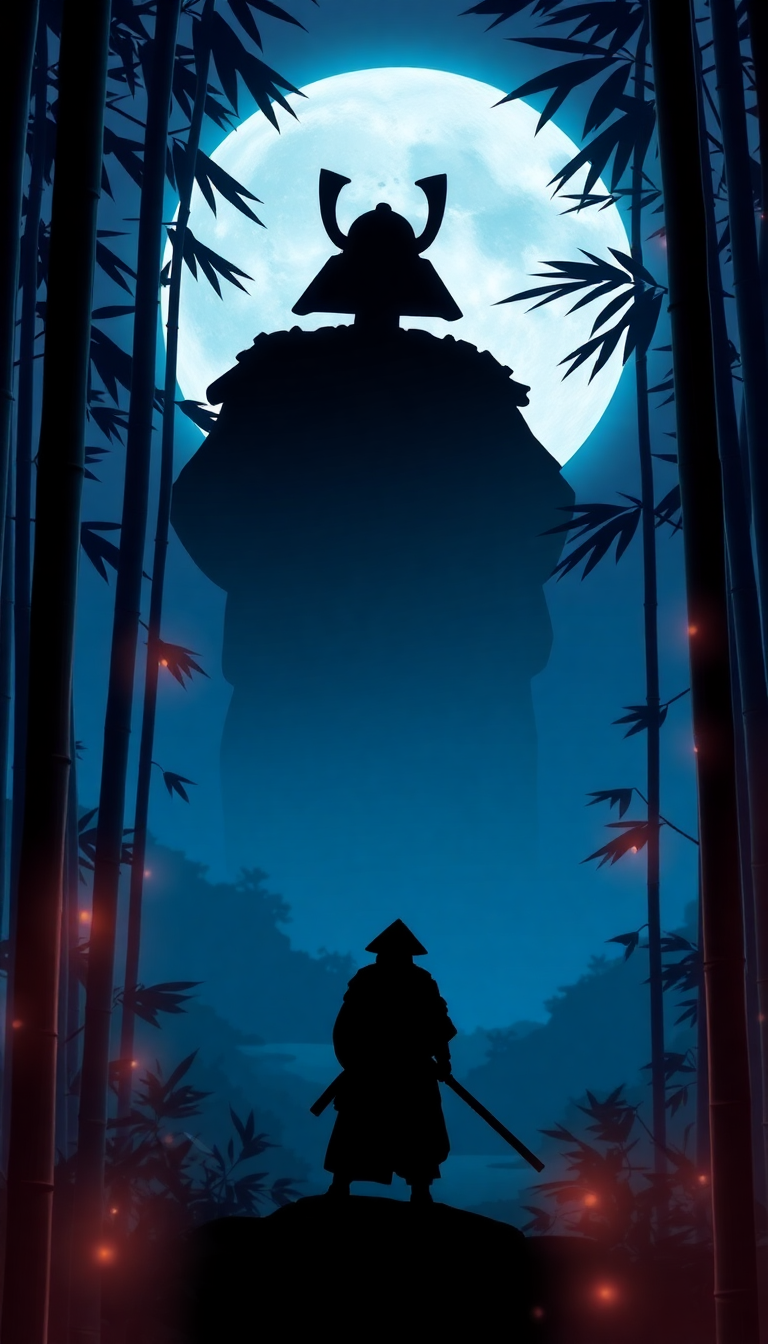 Samurai Silhouette Moonlit Bamboo Forest Digital art Wallpaper