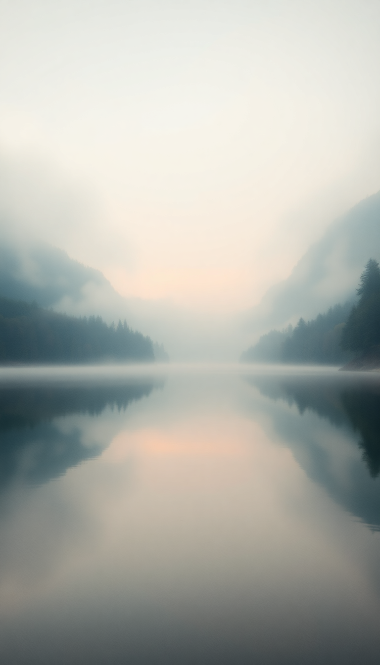 Morning Mist Over Still Lake Photorealistic Wallpaper