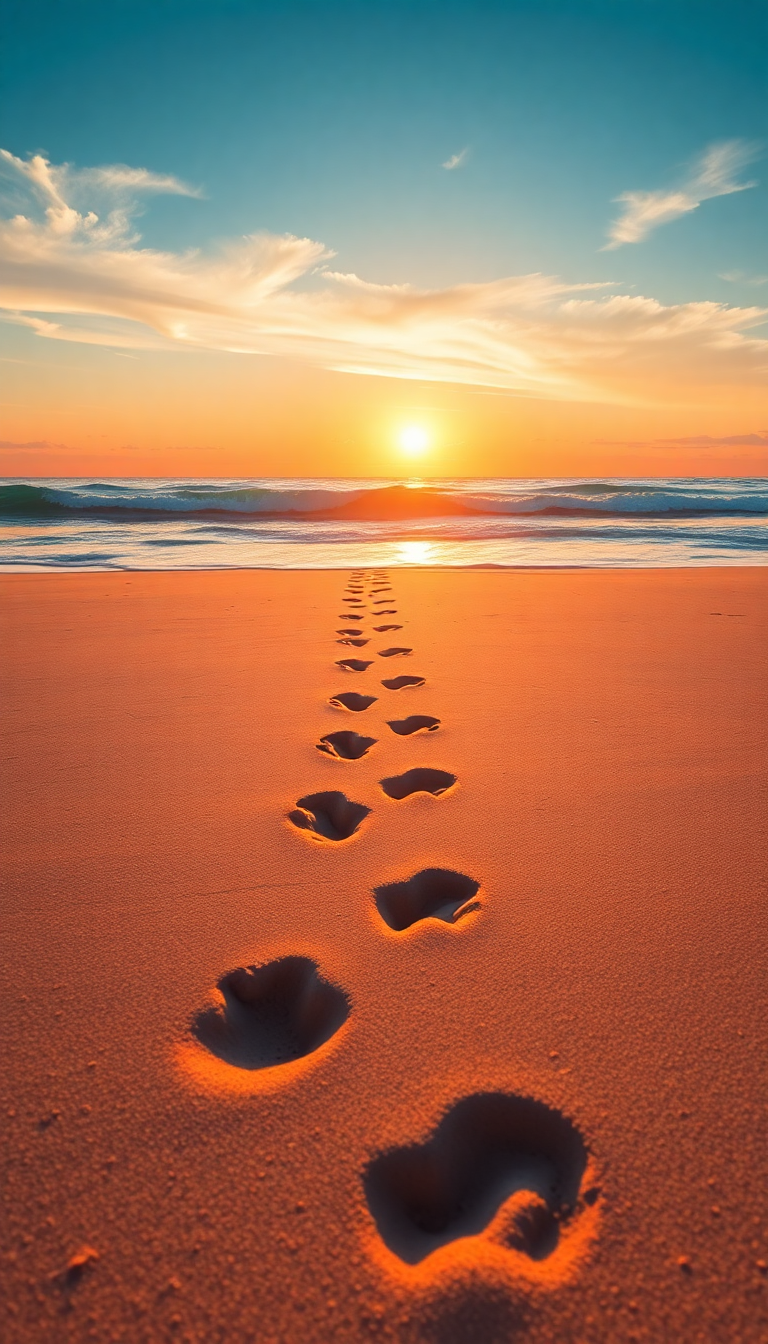 Summer Beach Golden Hour Footprints Photorealistic Wallpaper