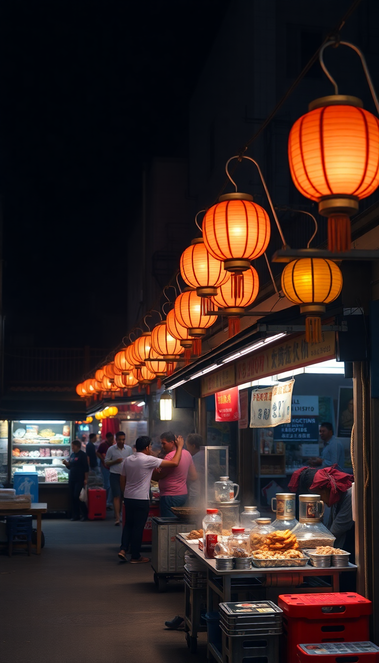 Night Market Street Food Stalls Photorealistic Wallpaper