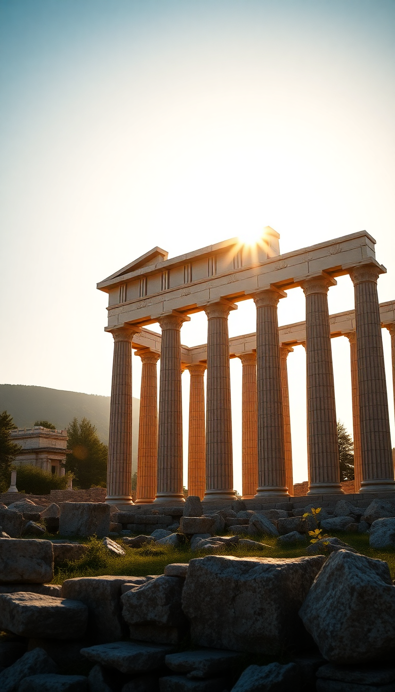 Ancient Greek Temple Ruins Golden Photorealistic Wallpaper