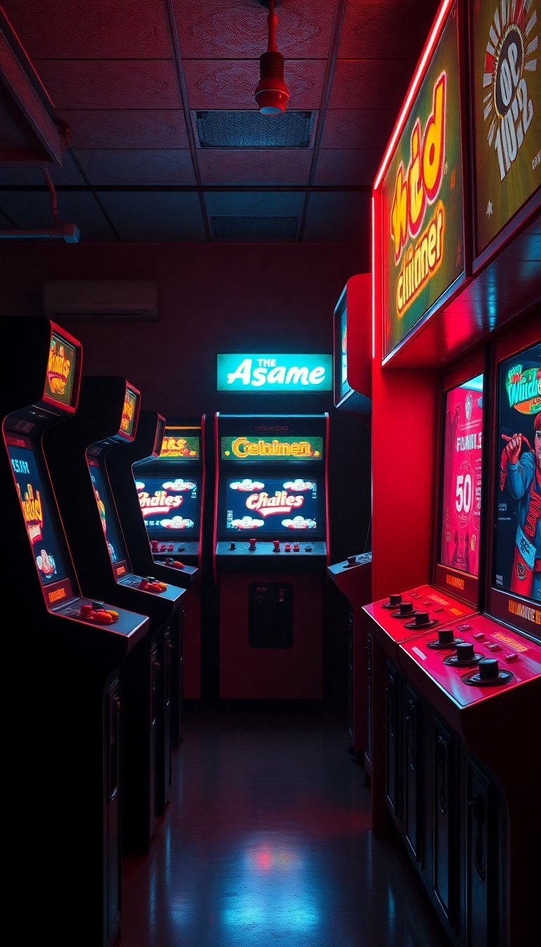 Old Arcade Machines Dark Room Photorealistic Wallpaper