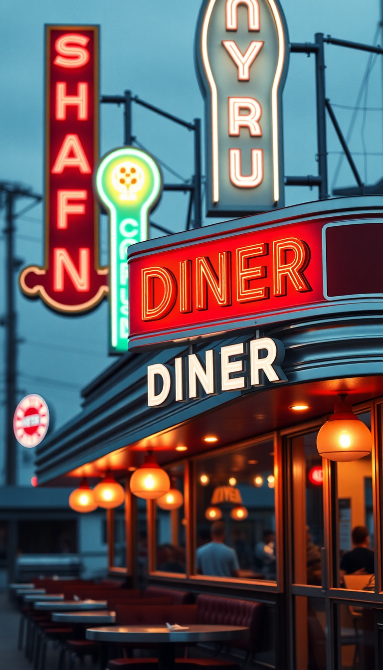 Retro Diner Neon Signs Chrome Photorealistic Wallpaper