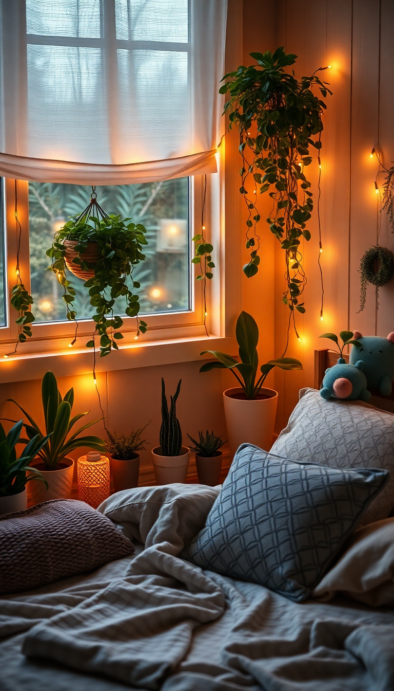 Indie Bedroom Fairy Lights Plants Photorealistic Wallpaper