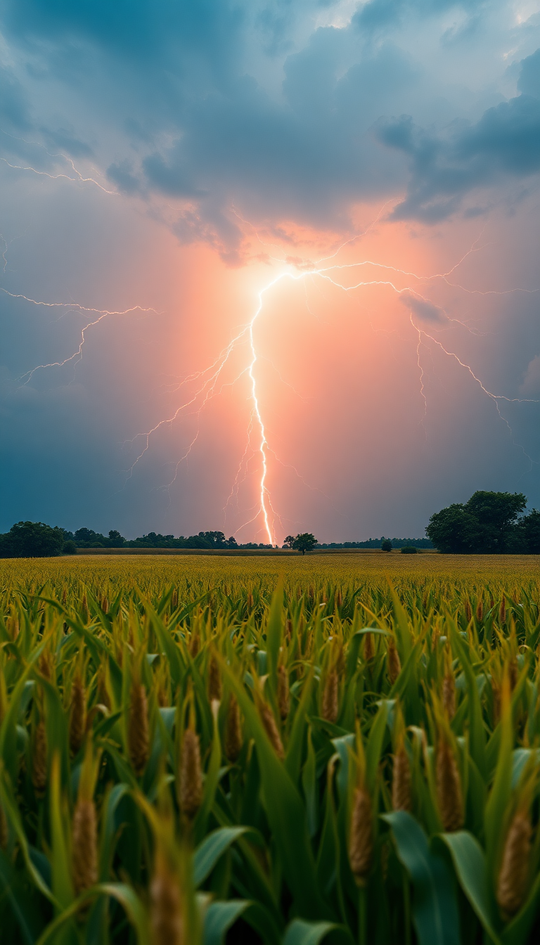 Summer Thunderstorm Lightning Over Cornfield Photorealistic Wallpaper