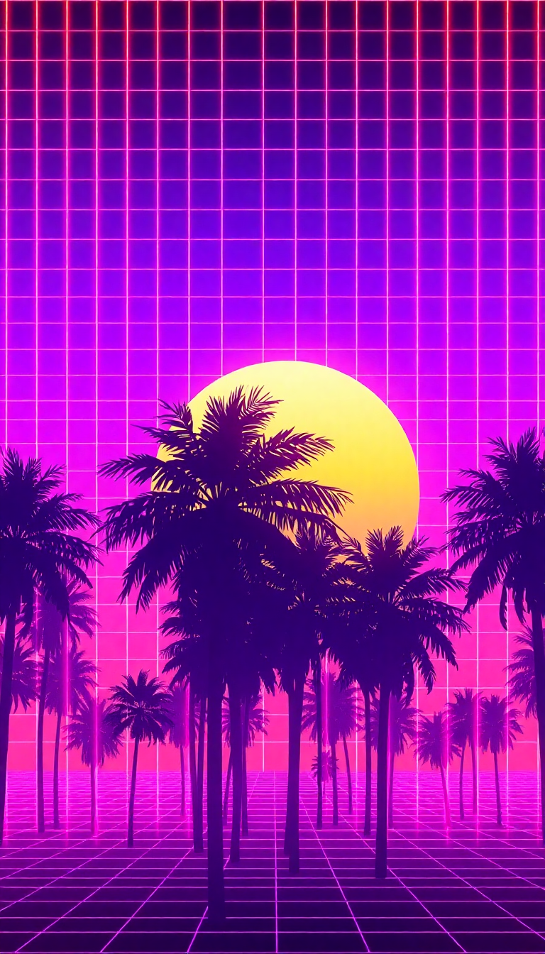 80s Synthwave Grid Sunset Palm Digital art Wallpaper