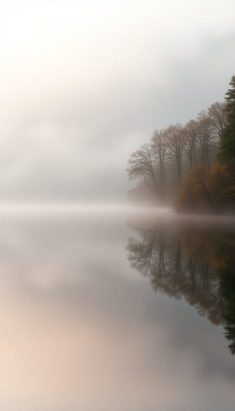 Morning Mist Over Still Lake Photorealistic Wallpaper