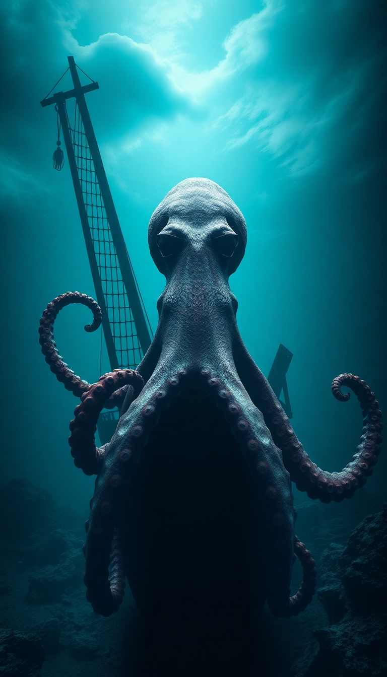 Giant Octopus Shipwreck Deep Ocean Digital art Wallpaper