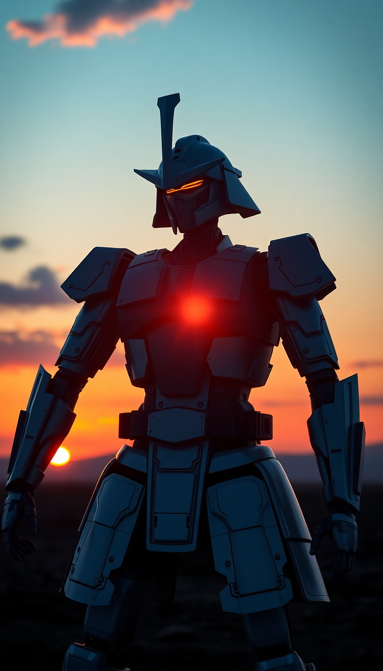 Robot Samurai Watching The Setting Minimalist Wallpaper