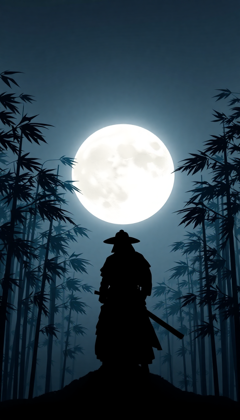 Samurai Silhouette Moonlit Bamboo Forest Digital art Wallpaper