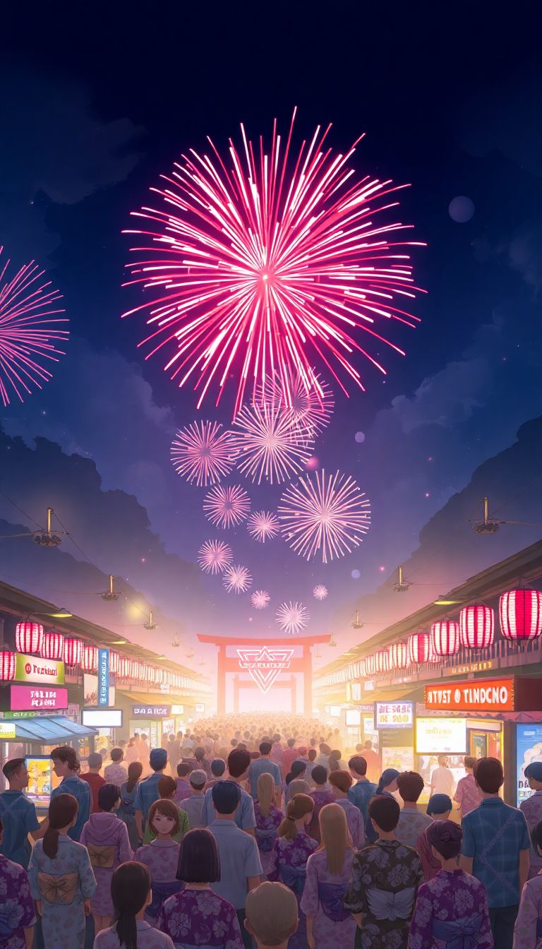 Summer Festival Fireworks Yukata Crowd Anime Wallpaper