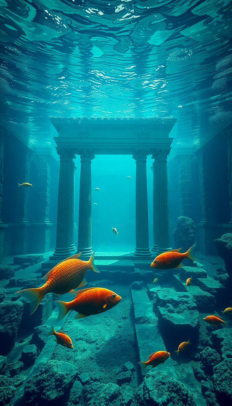 Sunken Ancient Temple Fish Swimming Digital art Wallpaper