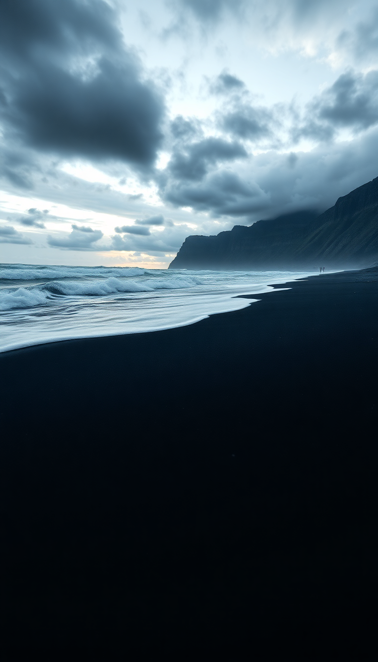 Icelandic Black Sand Beach Waves Photorealistic Wallpaper